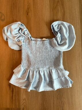 Altar'd State Light Blue Smocked Puff Sleeve Peplum Top